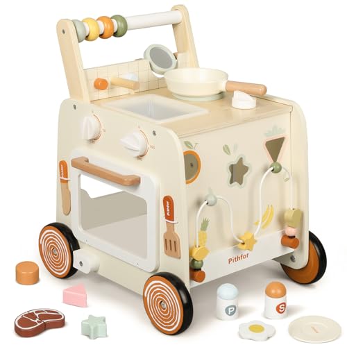 Pithfor Wooden Baby Walker 3in1 Baby Push Walker with Pretend Kitchen Montessori Sensory Activity Center Push Walker Toys for Babies Learning to Walk SittoStand - Image 1