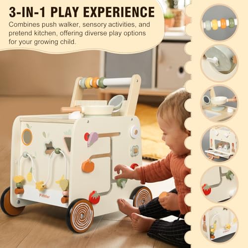 Pithfor Wooden Baby Walker 3in1 Baby Push Walker with Pretend Kitchen Montessori Sensory Activity Center Push Walker Toys for Babies Learning to Walk SittoStand - Image 5