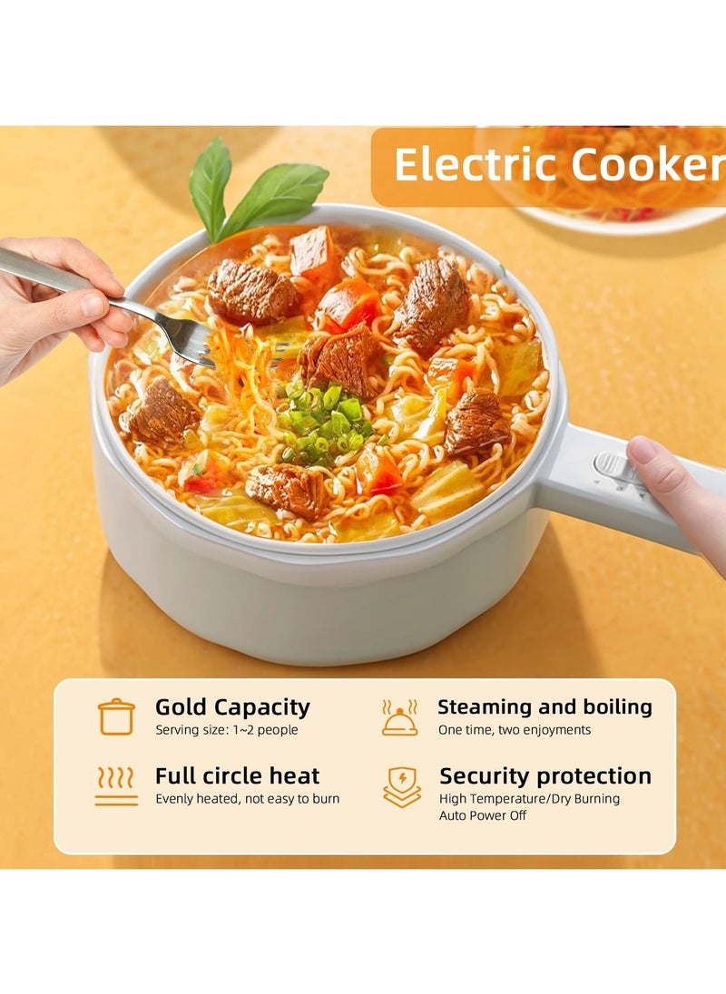 XVersion - Electric Hot Pot with Steamer Pot, 1.5L Electric Cooker Food Steamer, Electric Pot Fry Pan, Non Stick Pan Steak,Egg,Pasta, Electric pan for Fried Rice, Soup Hotpot, (White, 1.5L) - Image 1