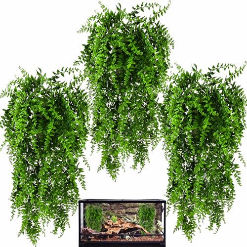 HERCOCCI 3 Pack Reptile Plants Terrarium Hanging Plants Vines Artificial Leaves Habitat Decorations with Suction Cup for Bearded Dragon Hermit Crab Lizard Snake Geckos Chameleon