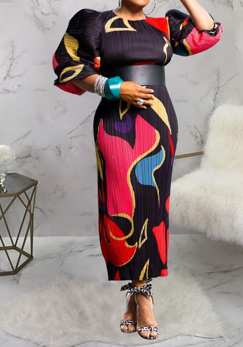 Yootiko Women Colorful African Dress Floral Puff Long Sleeve Wedding Guest Party Pleated Maxi Dress - Image 2