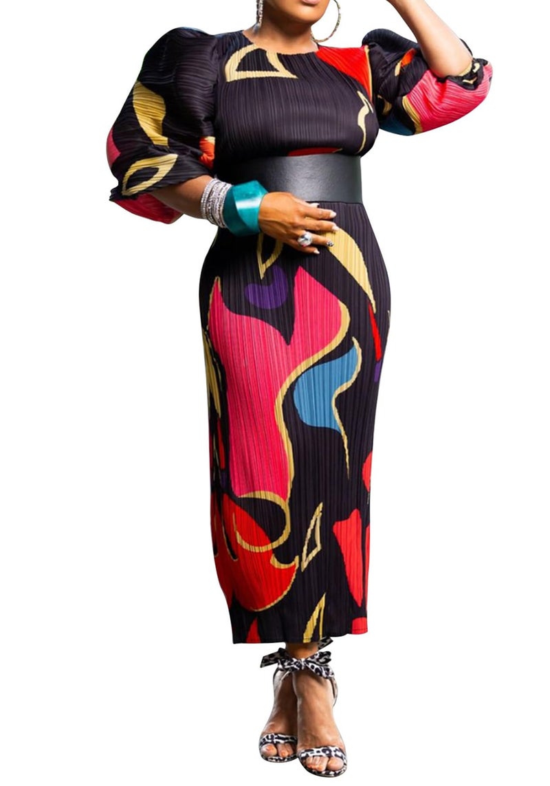 Yootiko Women Colorful African Dress Floral Puff Long Sleeve Wedding Guest Party Pleated Maxi Dress - Image 1