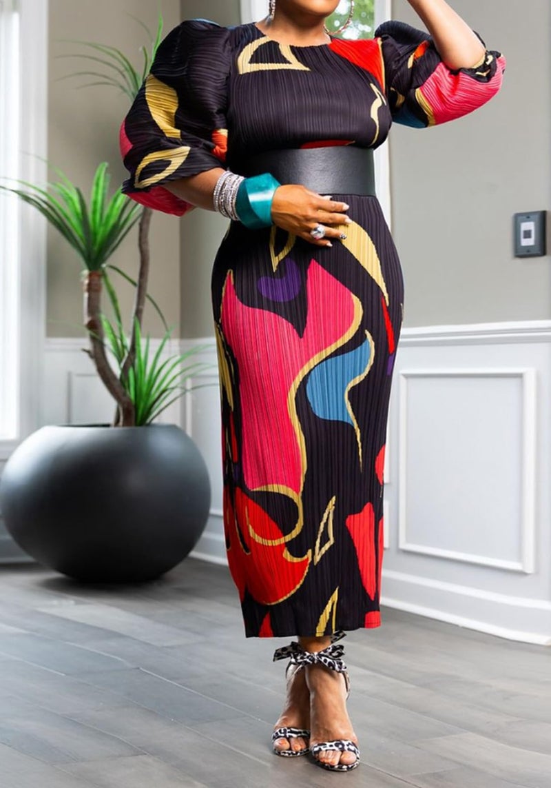 Yootiko Women Colorful African Dress Floral Puff Long Sleeve Wedding Guest Party Pleated Maxi Dress - Image 3