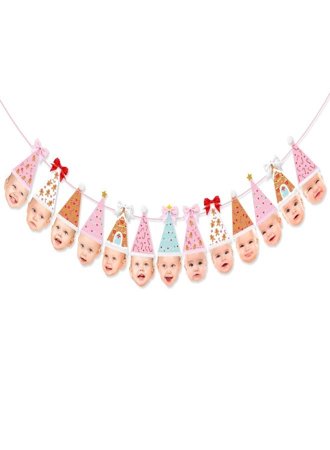 K KUMEED Custom Face Christmas Banner,Bow Birthday Photo Banner from Newborn to 12 Months Gingerbread Christmas Hat Theme Monthly Milestone Photograph Bunting Garland - Image 1