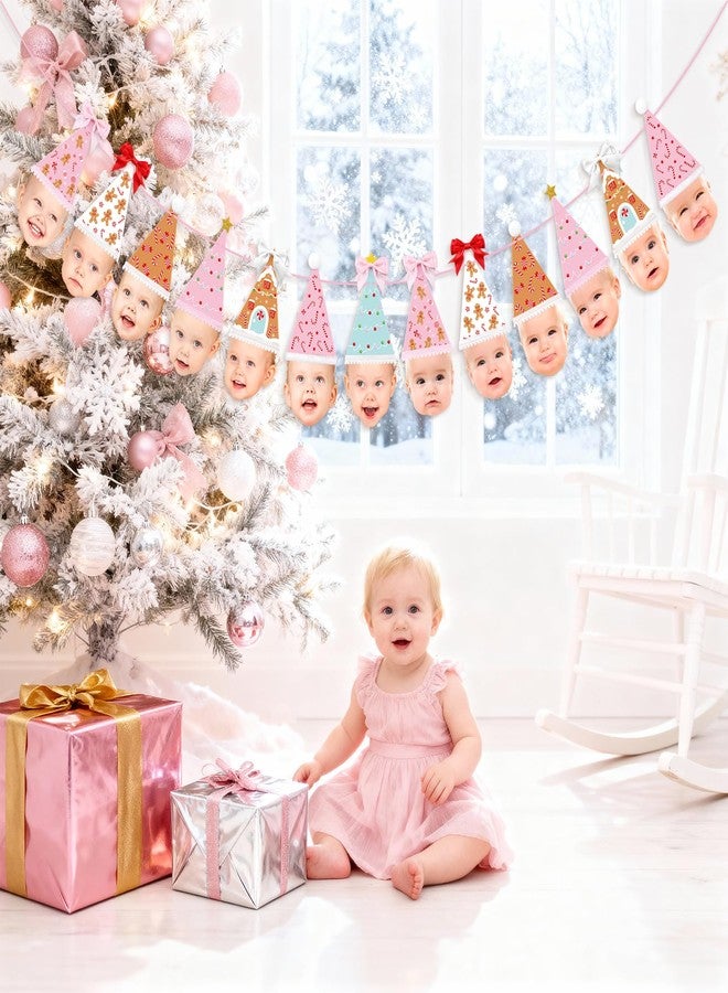 K KUMEED Custom Face Christmas Banner,Bow Birthday Photo Banner from Newborn to 12 Months Gingerbread Christmas Hat Theme Monthly Milestone Photograph Bunting Garland - Image 5