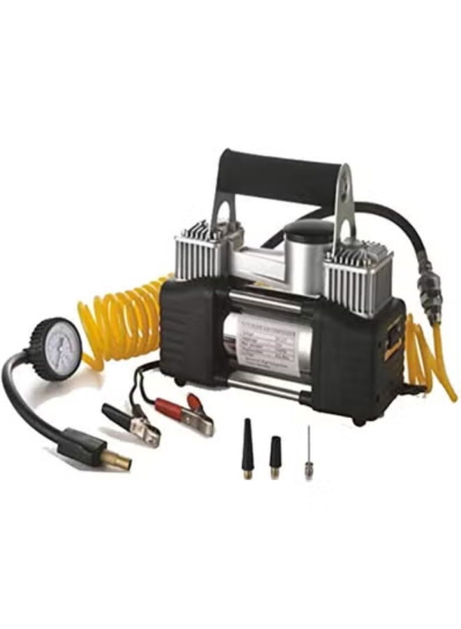 2-Cylinder Heavy Duty Car Air Compressor - High Performance 150 PSI Portable Tire Inflator - Dual Piston Metal Pump with Battery Clips & Tool Kit - For Cars & 4x4s