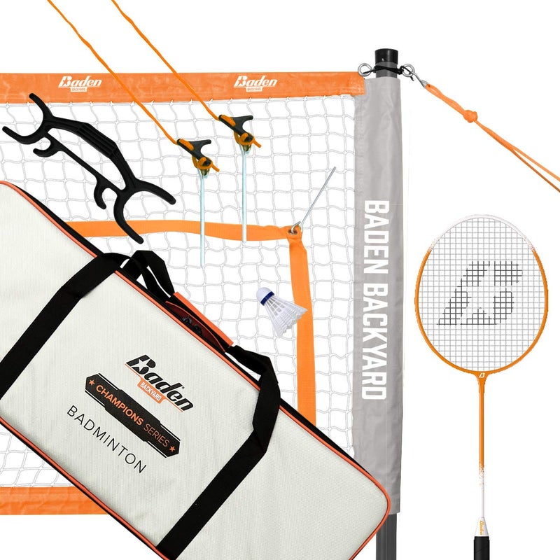 Baden Champions Portable Badminton Set Regulation Net 4 Racquets 3 Shuttlecocks Boundary Carry Bag Ideal for Backyard Fun OrangeGray