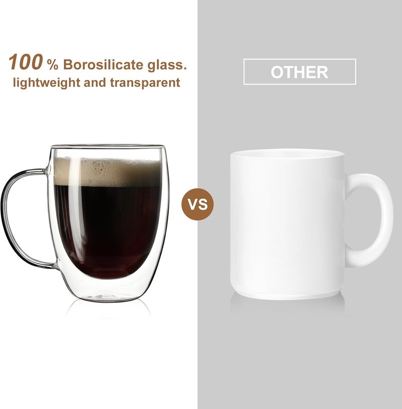Aurzen 2 Pack Double Walled Glass Coffee Mugs with Handles, Large Insulated Layer Coffee Cups, 12oz Clear Borosilicate Mugs, Perfect for Cappuccino, Tea, Microwave Safe - Image 3