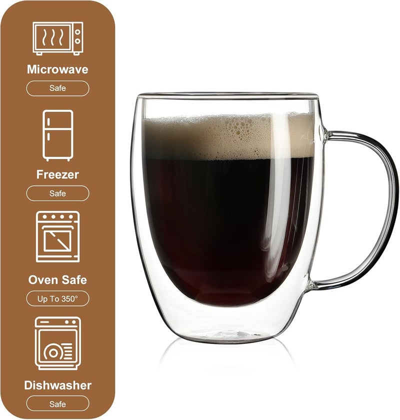 Aurzen 2 Pack Double Walled Glass Coffee Mugs with Handles, Large Insulated Layer Coffee Cups, 12oz Clear Borosilicate Mugs, Perfect for Cappuccino, Tea, Microwave Safe - Image 5