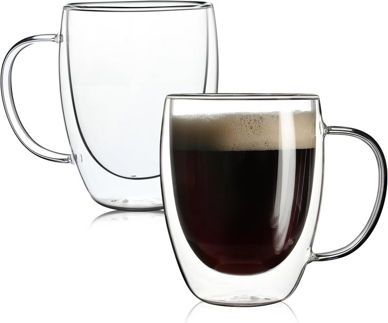 Aurzen 2 Pack Double Walled Glass Coffee Mugs with Handles, Large Insulated Layer Coffee Cups, 12oz Clear Borosilicate Mugs, Perfect for Cappuccino, Tea, Microwave Safe - Image 1