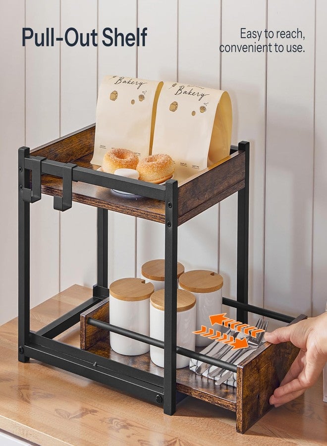 HOOBRO Kitchen Countertop Organizer, Corner Shelf Organizer, 2-Tier Spice Rack with Pull-Out Shelf and Hooks, for Kitchen, Office, Study, Bedroom, Living Room, Rustic Brown and Black BF08TL01 - Image 2