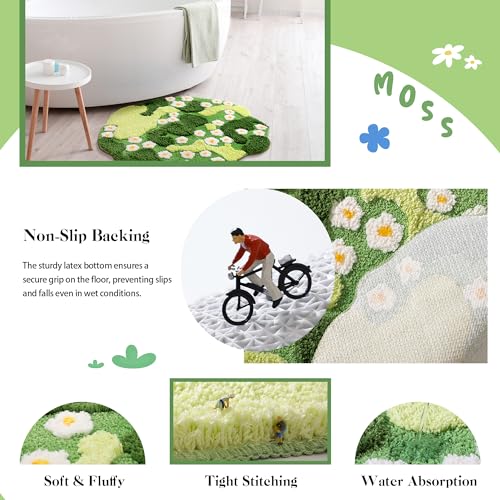 YIKUSH Moss Bath Mat Green Bathroom Rug with Small White Flowers Non Slip Door Mat for Bedroom and Kitchen Soft Washable Rug Floral Nature Bathtub Mat - Image 3