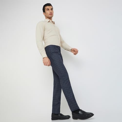 Raymond Men's Slim Fit Mid Rise Formal Trousers, Poly Viscose Blend, Checked Pattern, Pleatless | Dark Blue - Image 5