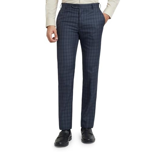 Raymond Men's Slim Fit Mid Rise Formal Trousers, Poly Viscose Blend, Checked Pattern, Pleatless | Dark Blue - Image 1