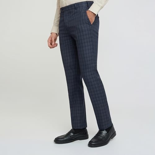 Raymond Men's Slim Fit Mid Rise Formal Trousers, Poly Viscose Blend, Checked Pattern, Pleatless | Dark Blue - Image 3