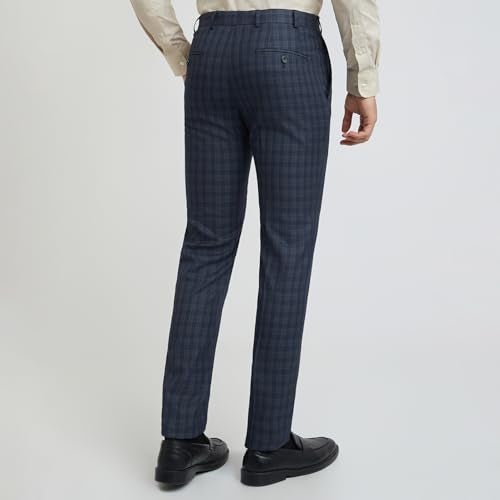 Raymond Men's Slim Fit Mid Rise Formal Trousers, Poly Viscose Blend, Checked Pattern, Pleatless | Dark Blue - Image 4