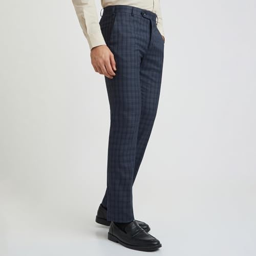 Raymond Men's Slim Fit Mid Rise Formal Trousers, Poly Viscose Blend, Checked Pattern, Pleatless | Dark Blue - Image 2