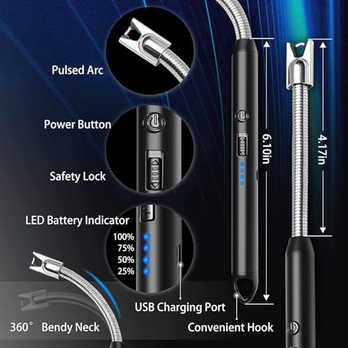 Lwvax Electric Gas Lighter for Kitchen Rechargeable Candle Lighter Plasma Flameless Windproof USB Lighter 360° Flexible Neck Arc Lighter (Multicolor) - Image 3