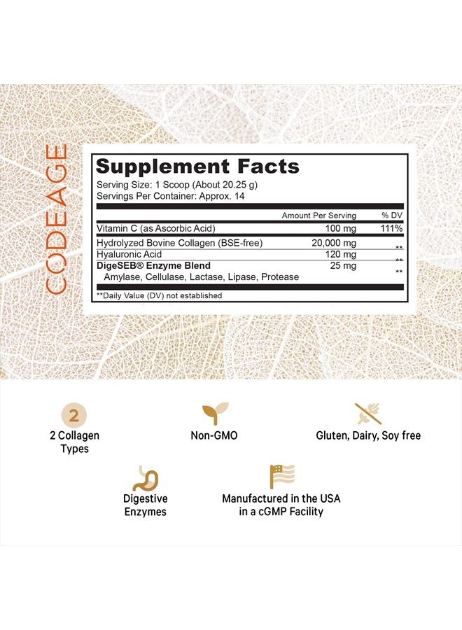 Codeage Collagen Peptides Powder + Vitamin C, Digestive Enzymes, Hyaluronic Acid, Amino Acids - Hydrolyzed Protein Collagen Type I & III Grass Fed Collagen - Non-GMO, Gluten-Free, Unflavored - 9.98 oz - Image 5