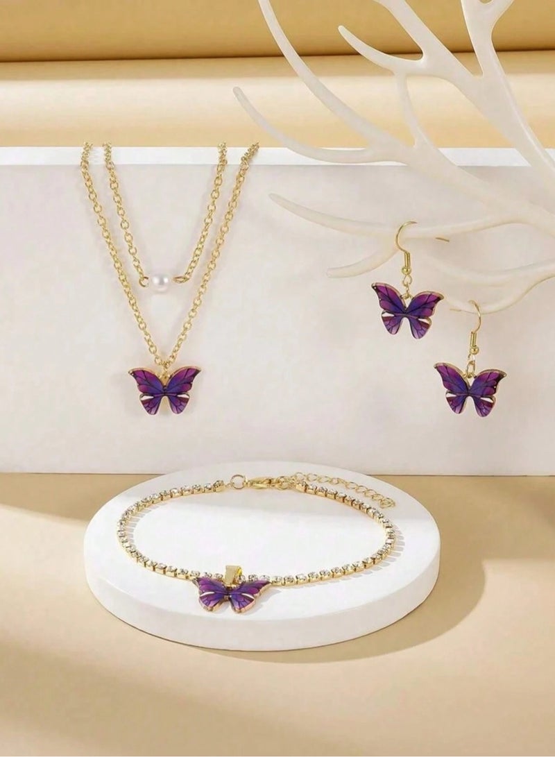 Huitich Purple Butterfly Jewelry Set  Necklace, Bracelet & Earrings Trio  - Image 3