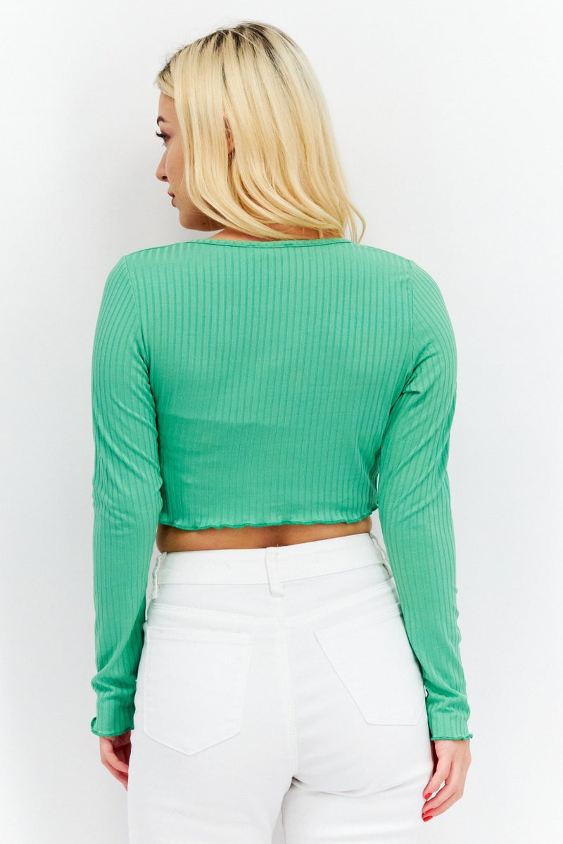 NEW LOOK Women Scoop Neck Long Sleeves Textured Top, Green - Image 2