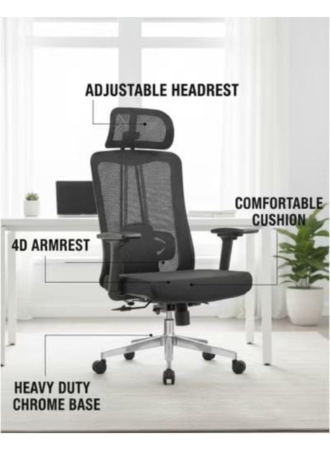 نَدْ مَفْرُوشَات كرسي تنفيذي مريح | ظهر عالي من القماش الشبكي الأسود مع دعم قطني قابل للتعديل | قاعدة كروم متينة للمكتب والمنزل - Image 4