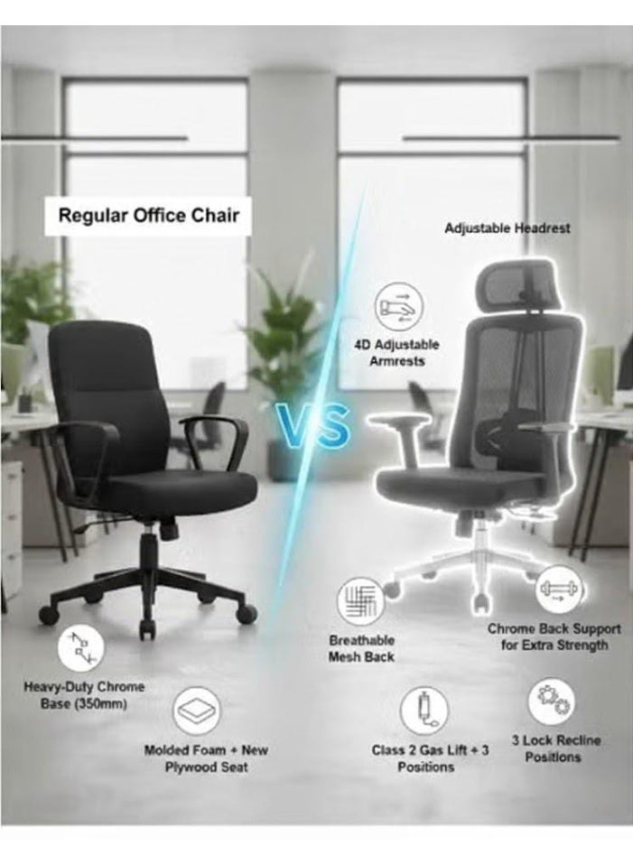 نَدْ مَفْرُوشَات كرسي تنفيذي مريح | ظهر عالي من القماش الشبكي الأسود مع دعم قطني قابل للتعديل | قاعدة كروم متينة للمكتب والمنزل - Image 5