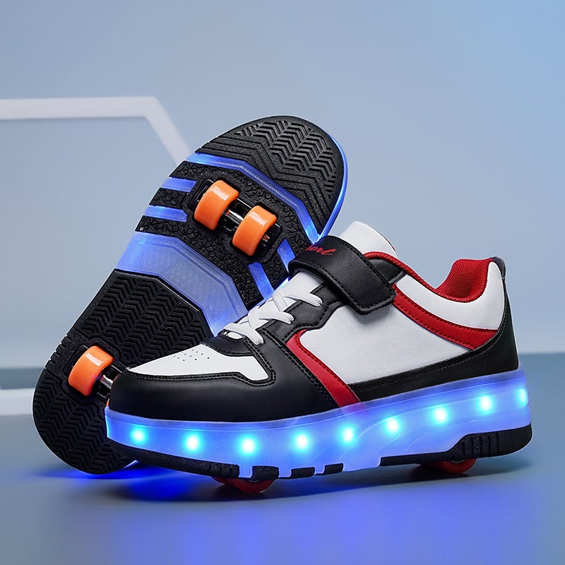 Kids Flashing Roller Sneakers Unisex 888 black and white red four-wheel belt lamp 