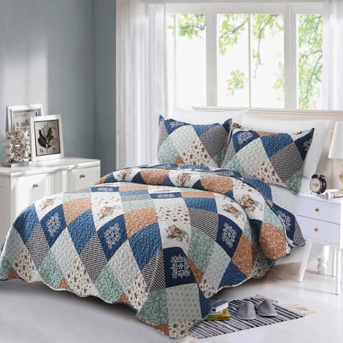 Dinjoy Reversible Patchwork Quilt Bedding Set Queen Size Blue Green Grey Plaid Floral Pattern Bedspread Set Soft Microfiber Coverlets Bed Set 3 Pieces Fall Autumn All Season Use - Image 2