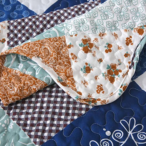 Dinjoy Reversible Patchwork Quilt Bedding Set Queen Size Blue Green Grey Plaid Floral Pattern Bedspread Set Soft Microfiber Coverlets Bed Set 3 Pieces Fall Autumn All Season Use - Image 5