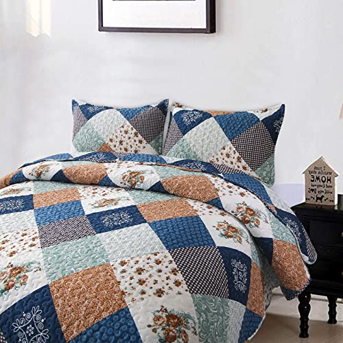Dinjoy Reversible Patchwork Quilt Bedding Set Queen Size Blue Green Grey Plaid Floral Pattern Bedspread Set Soft Microfiber Coverlets Bed Set 3 Pieces Fall Autumn All Season Use - Image 3