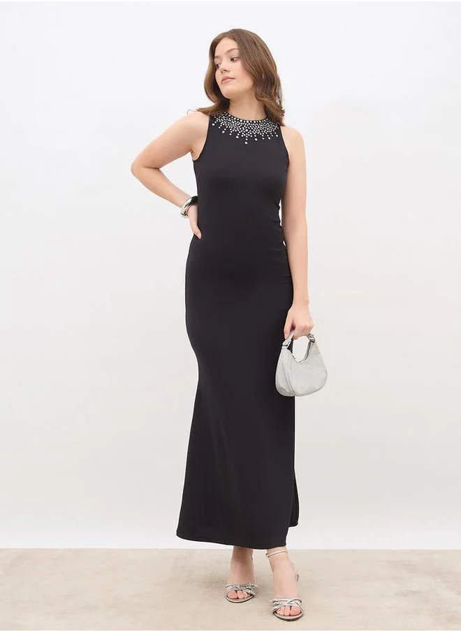 Styli Styli Embellished Round Neck A-Line Maxi Dress