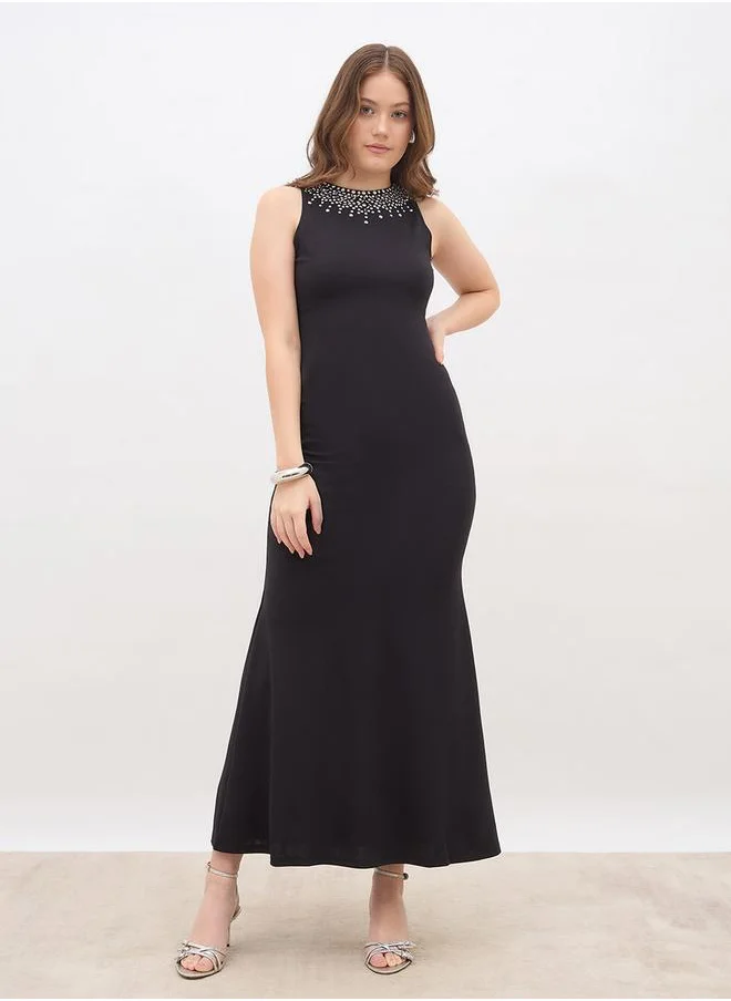 Styli Styli Embellished Round Neck A-Line Maxi Dress