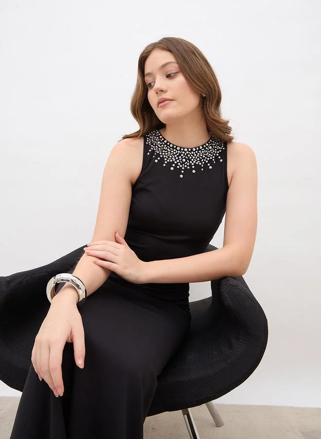 Styli Styli Embellished Round Neck A-Line Maxi Dress