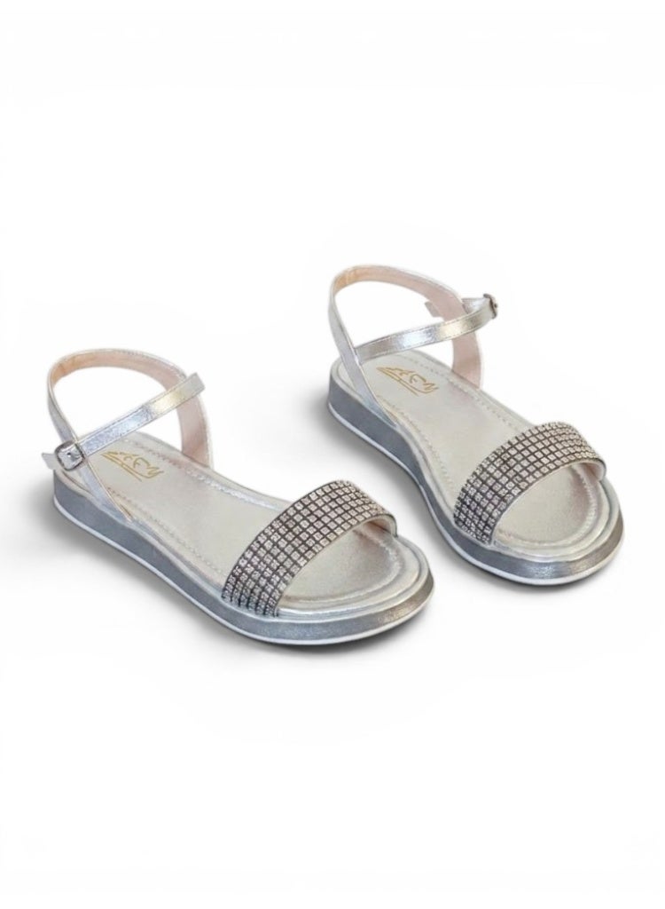 LIFESTYLISH sandals Flat leather with diamond strap SF-60- Silver - Image 3