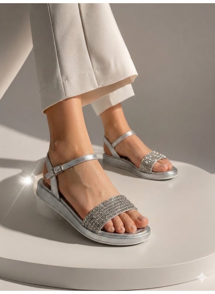 LIFESTYLISH sandals Flat leather with diamond strap SF-60- Silver - Image 4