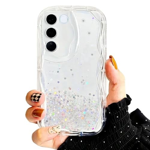 KC Back Cover for Vivo V27 5G & Vivo V27 Pro 5G, Dry Fixed Non Moving Glitter Curly Wave Shape Shockproof Bumper Soft Silicone Case with Camera Protection (Transparent) - Image 4
