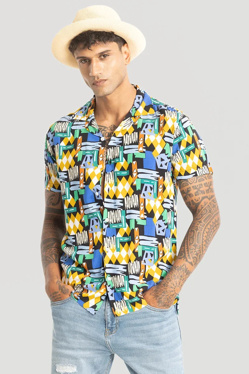 سنيتش Yellow Abstract Half Sleeve Boxy Shirt