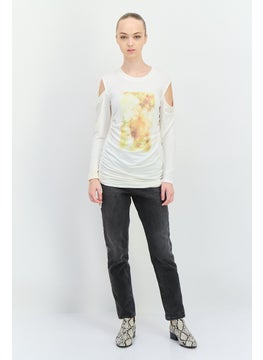 INC Women Crew Neck Cold Shoulder Graphic Print Sweatshirt, White Combo  - Image 4