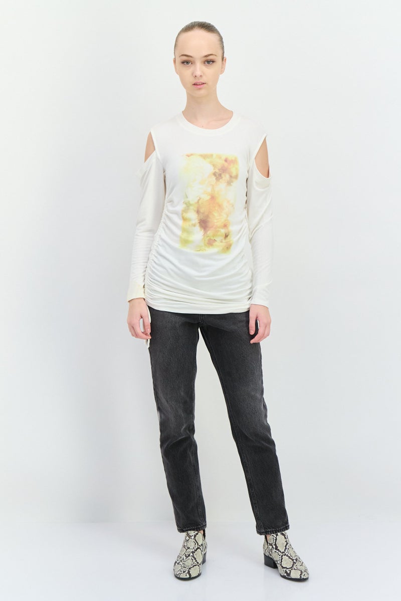 INC Women Crew Neck Cold Shoulder Graphic Print Sweatshirt, White - Image 4