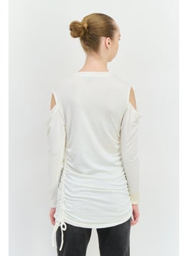 INC Women Crew Neck Cold Shoulder Graphic Print Sweatshirt, White Combo  - Image 3