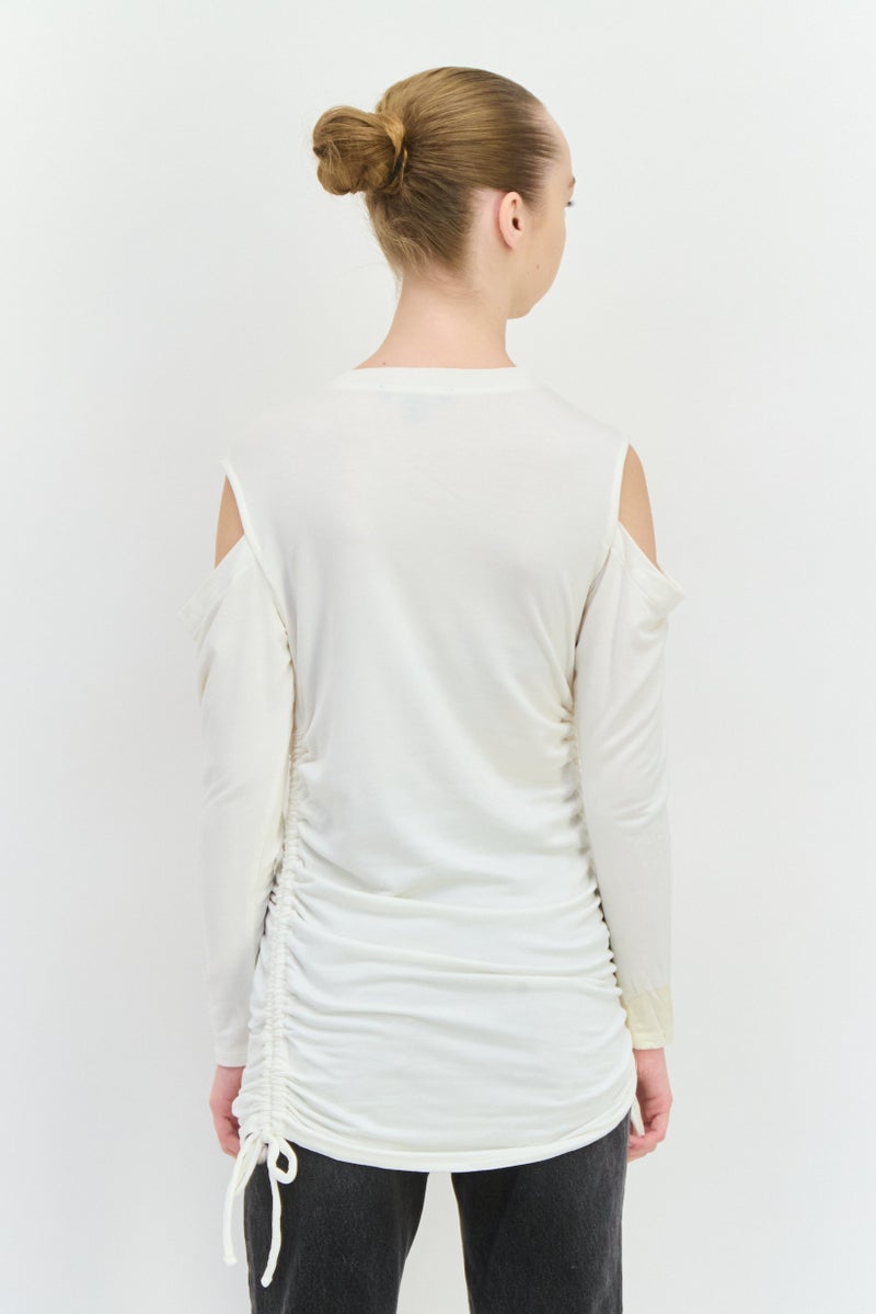 INC Women Crew Neck Cold Shoulder Graphic Print Sweatshirt, White - Image 3