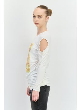 INC Women Crew Neck Cold Shoulder Graphic Print Sweatshirt, White Combo  - Image 2