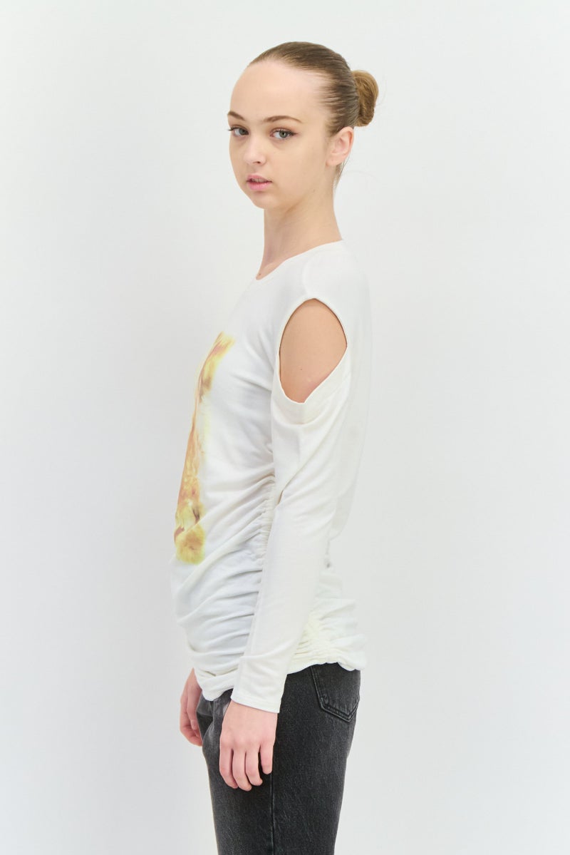 INC Women Crew Neck Cold Shoulder Graphic Print Sweatshirt, White - Image 2