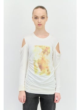 INC Women Crew Neck Cold Shoulder Graphic Print Sweatshirt, White Combo  - Image 1