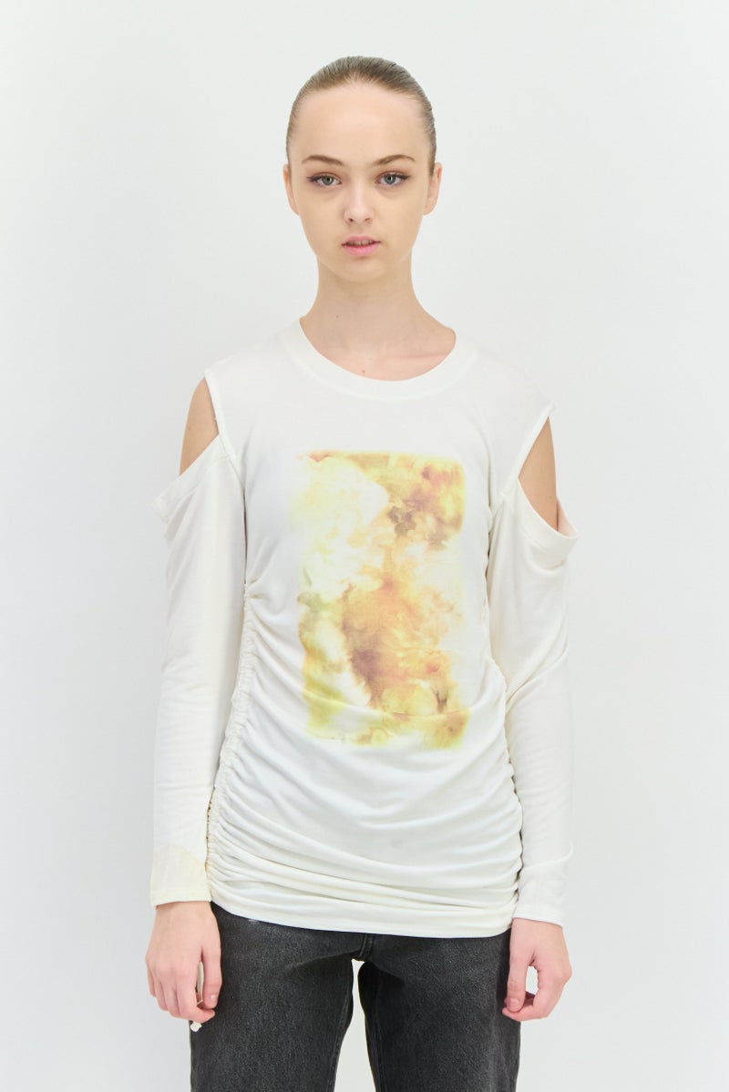 INC Women Crew Neck Cold Shoulder Graphic Print Sweatshirt, White - Image 1