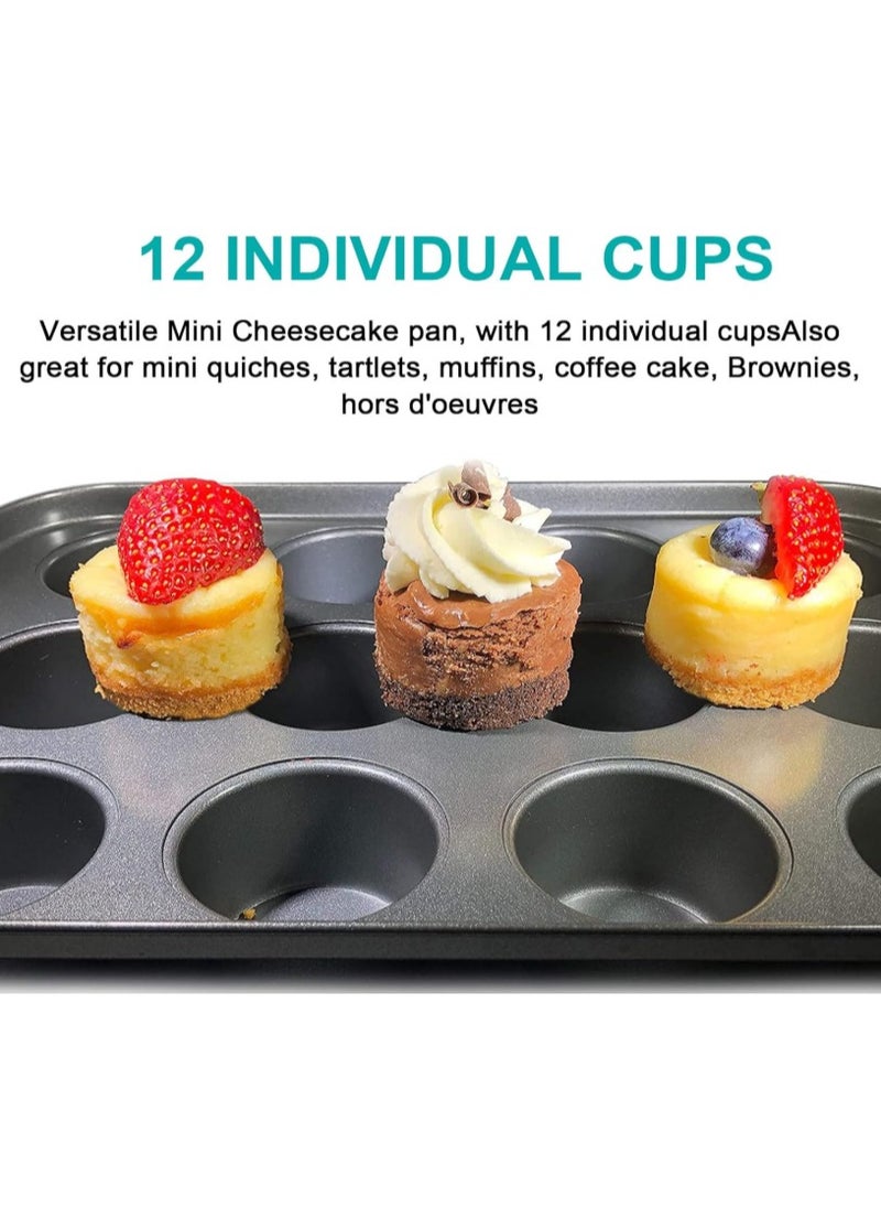 12-Port Non-Stick Mini Cake Mold，Mini Cheesecake Pan With Handles，For Baking Desserts like Cakes, Cupcakes and Muffins , Black