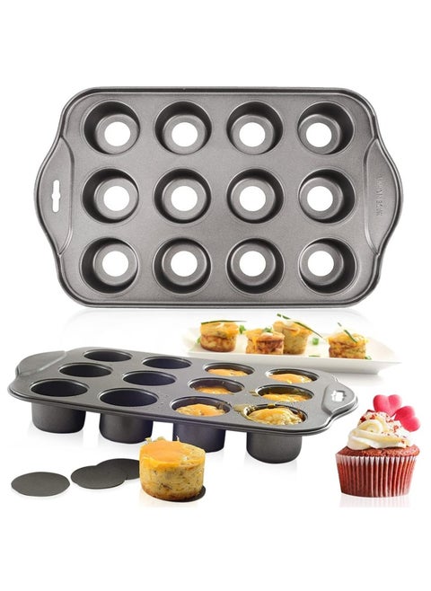12-Port Non-Stick Mini Cake Mold，Mini Cheesecake Pan With Handles，For Baking Desserts like Cakes, Cupcakes and Muffins , Black