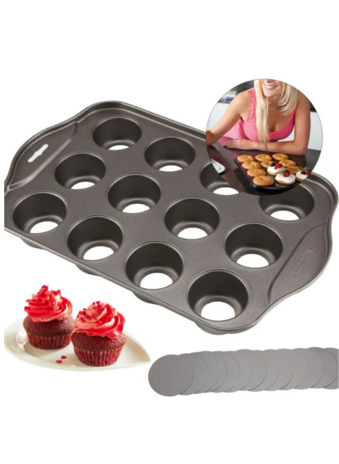 12-Port Non-Stick Mini Cake Mold，Mini Cheesecake Pan With Handles，For Baking Desserts like Cakes, Cupcakes and Muffins , Black