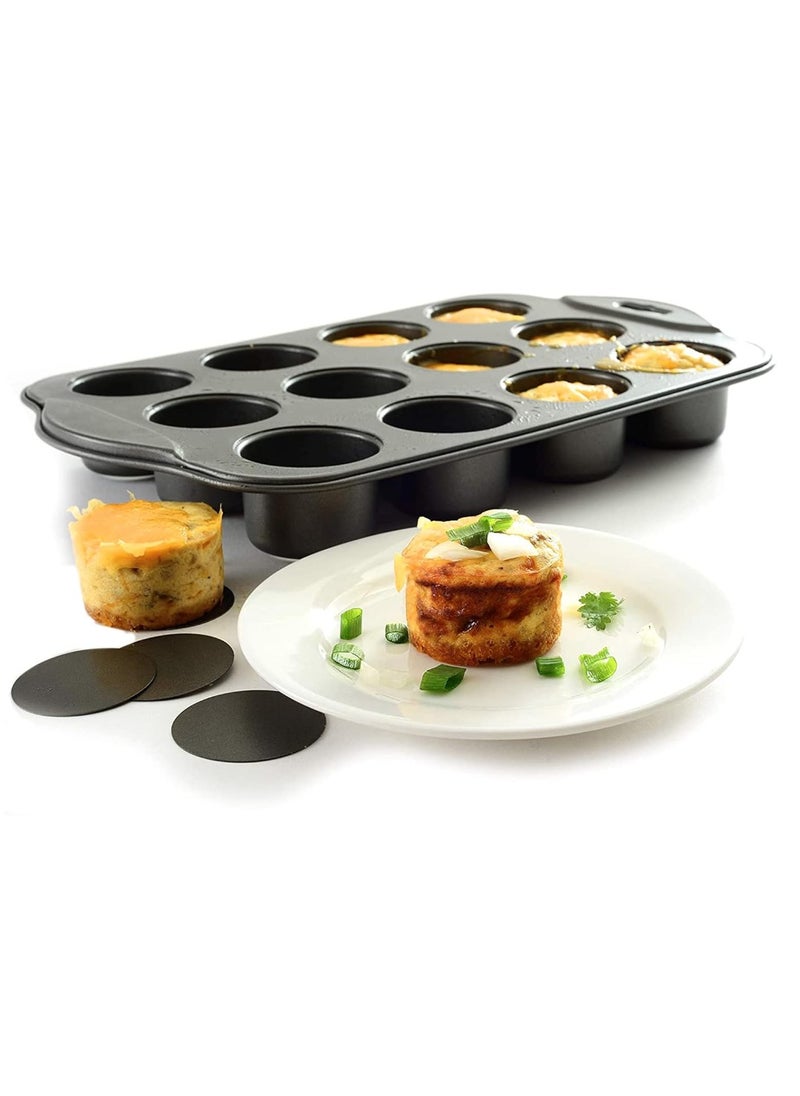 12-Port Non-Stick Mini Cake Mold，Mini Cheesecake Pan With Handles，For Baking Desserts like Cakes, Cupcakes and Muffins , Black
